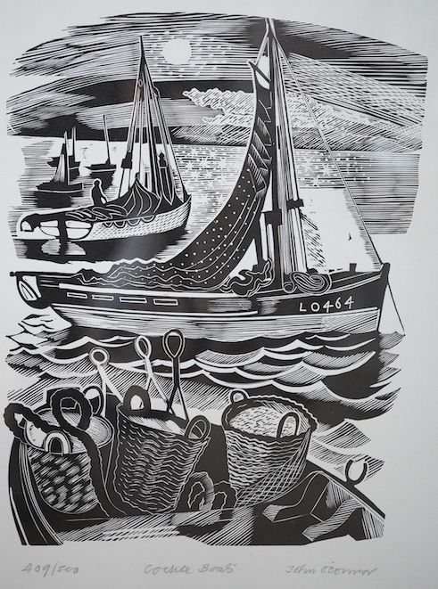 John Scorror O’Connor (1913-2004), pair of woodcuts, comprising, ‘Cockle boats’, limited edition 409/500 and ‘Boy bathing’, limited edition 372/500, each signed in pencil, each with booklets, 29 x 19cm. Condition - good